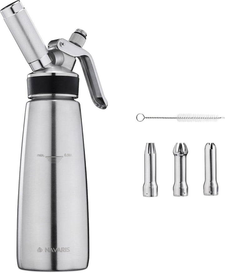 Navaris Edelstahl Sahnespender 500 ml mit 3 Tüllen - für heisse und kalte Cremes Schlagsahne Sossen