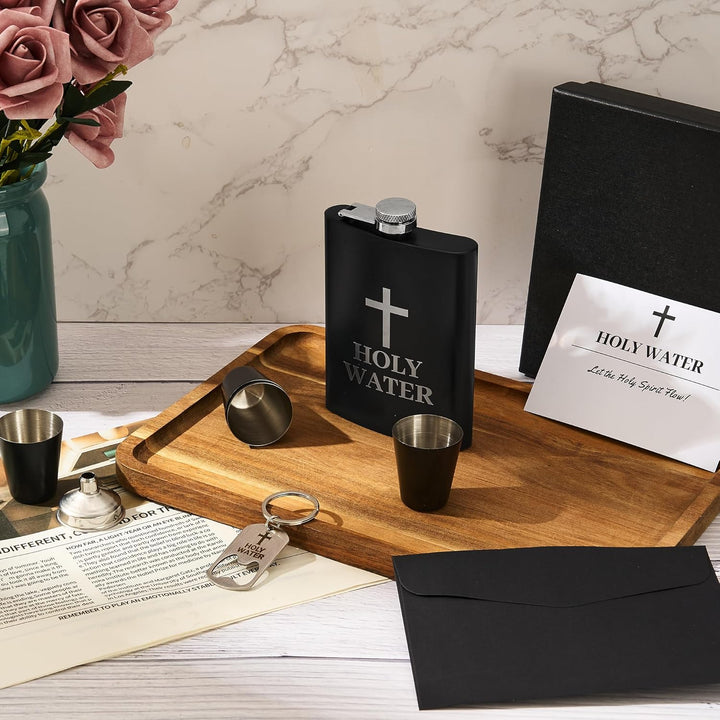 Flachmann mit Gravur "Holy Water" 8oz Edelstahl Geschenkset für Männer, Lustiger Whiskey Flachmann S