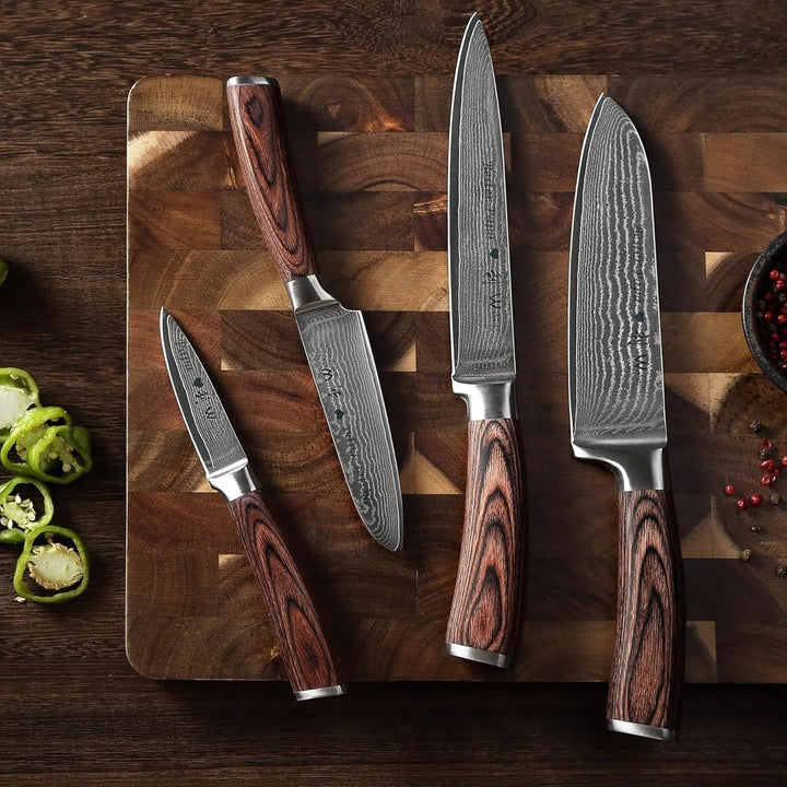 Wakoli EDIB 4er Damastmesser Set mit Gravur – Personalisiertes Küchenmesser Set, Santoku, Fleischmes