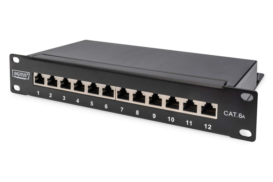 DIGITUS Cat-6A Patchpanel - 12 Ports - RJ45-Buchsen - 10-Zoll Rack-Mount 1HE - LSA Verteilerfeld - G