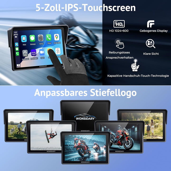 Kabelloses Motorrad CarPlay kompatibel mit Apple CarPlay & Android Auto,W522 5 Zoll IP67 Wasserdicht
