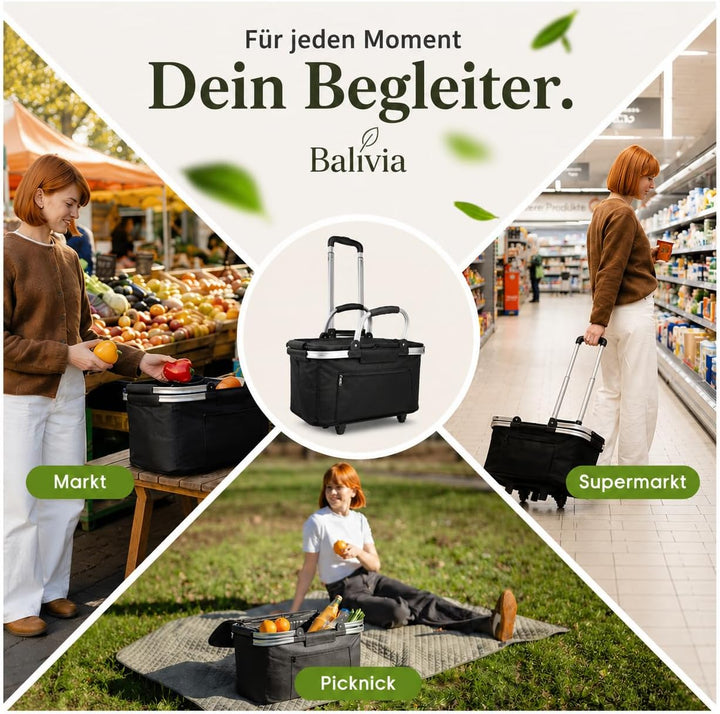 Balivia Einkaufskorb mit Rollen, faltbar & isoliert 35 L Volumen Einkaufstrolley Thermo für Einkauf,