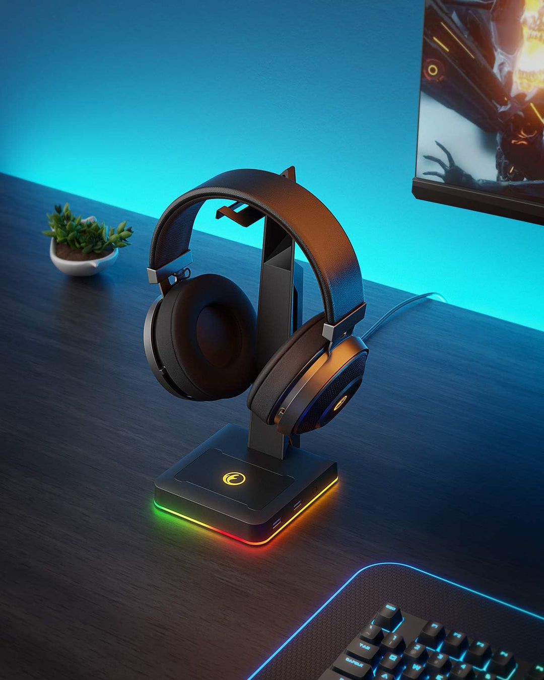 RGB Gaming Headset Ständer mit 2 USB Ports, Game Kopfhörer Halterung für PC, Xbox One, PS4, Switch,