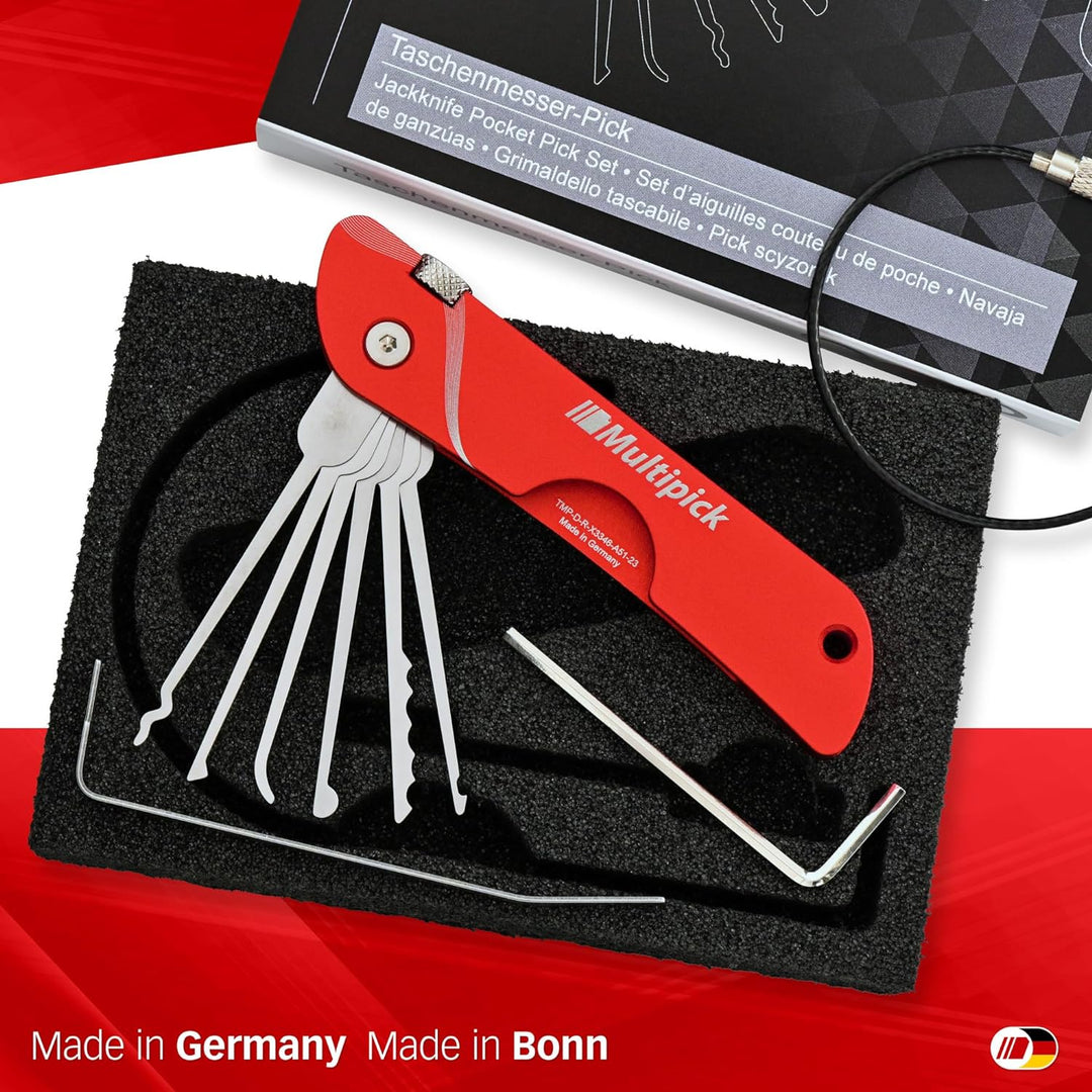 Multipick Dietrich Set ELITE RED Mini Taschen-Messer Lockpicking Set mit 6 wechselbaren Lock-Pick Kl