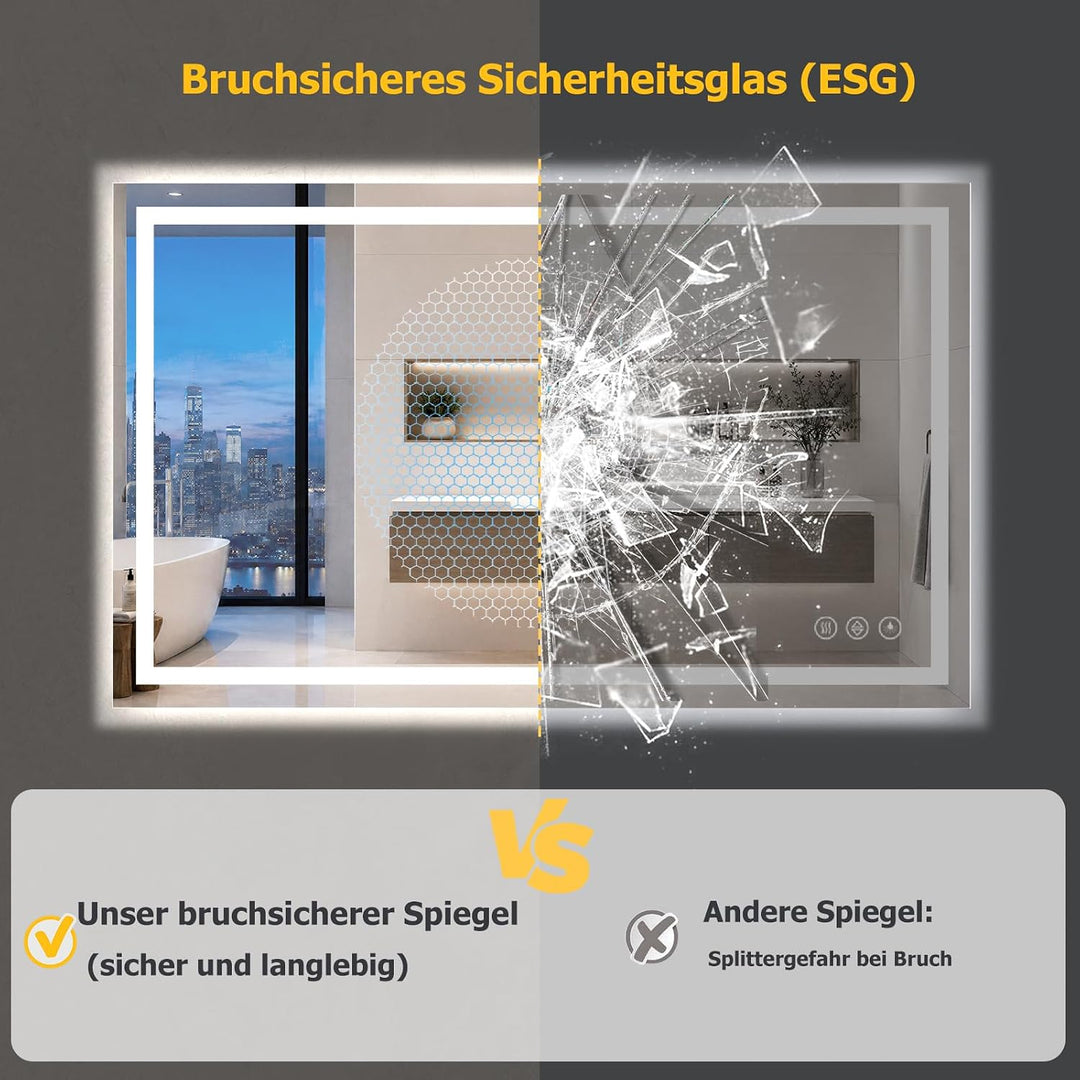 XRAMFY Badspiegel mit Beleuchtung 50x70cm mit Anti-Beschlag, IP65 Wassergeschützt, Spiegel mit Beleu