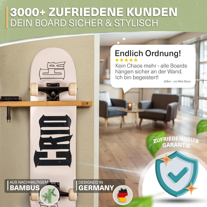CRID Doppel Skateboard Wandhalterung aus Bambus - Universal Halterung für Skateboard, Longboard, Sno