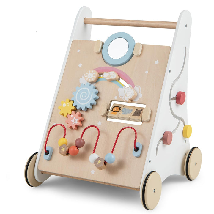 LIFEZEAL Lauflernwagen Holz, Lauflernhilfe mit Stauraum, Bauklötzen &amp; Spielboard, Baby Walker ab 36