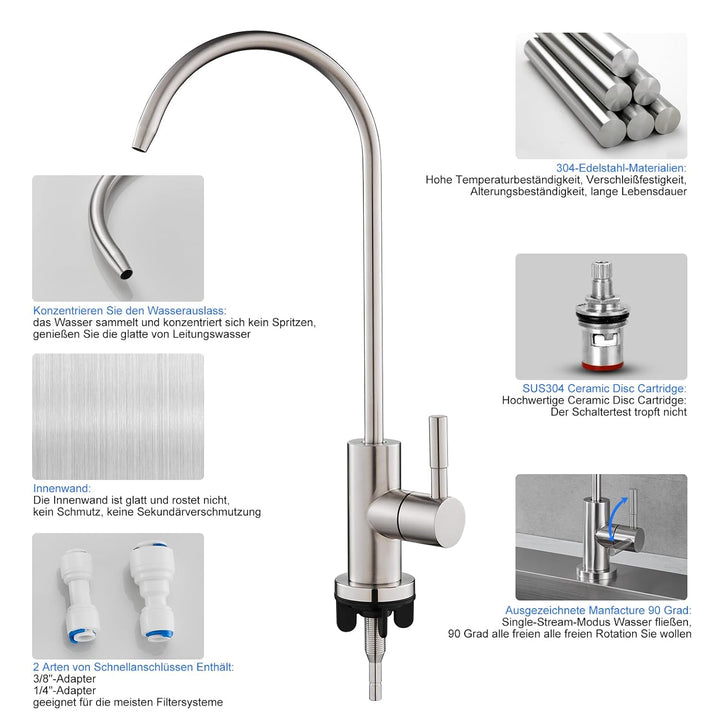 SUS304 Edelstahl Trinkwasserhahn, 100% bleifreier Umkehrosmose-Wasserhahn, Geeignet Küchenarmateur f
