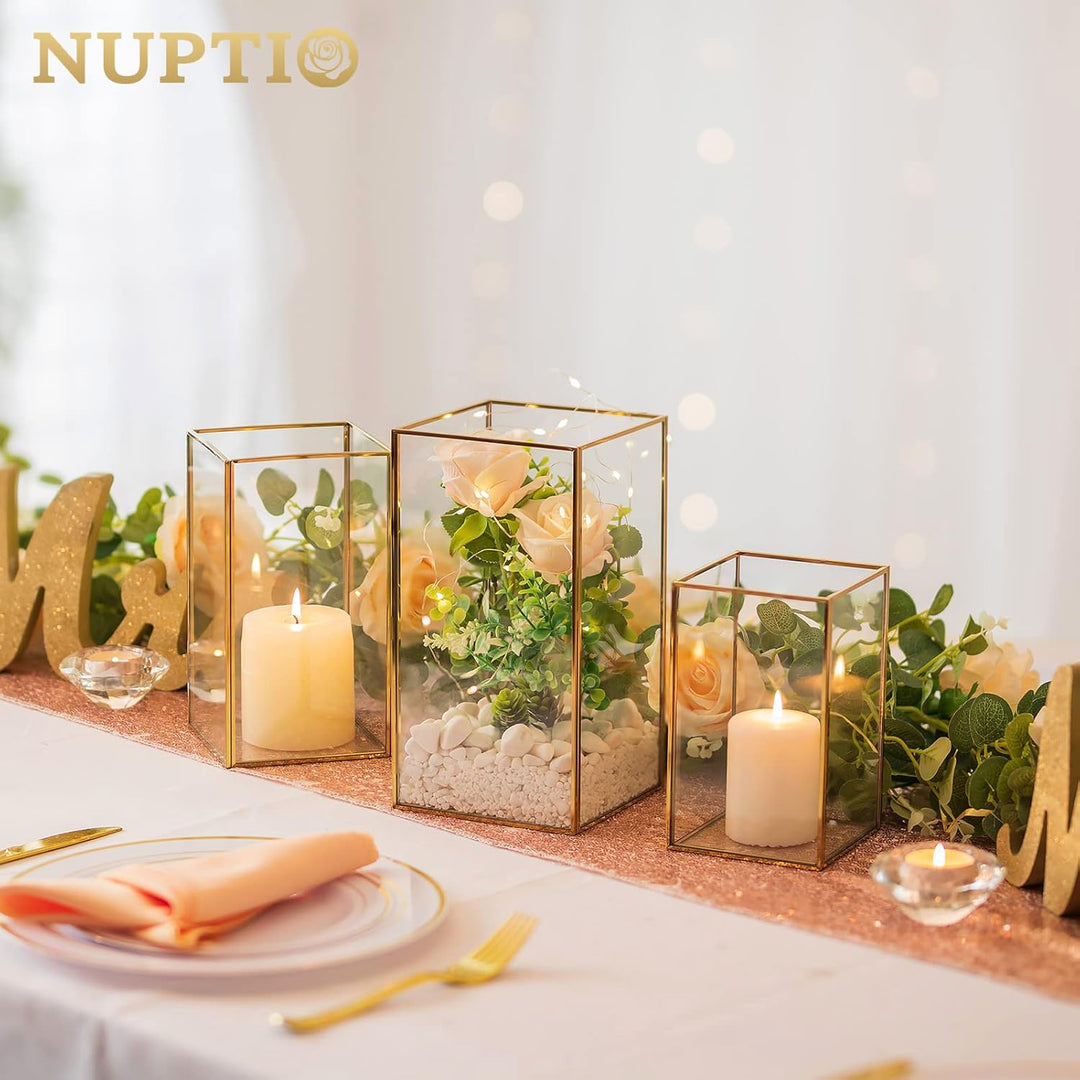 Nuptio Kerzenständer Glas Windlicht: Set von 3 Gross Kerzenhalter Stumpenkerzen, Dekorative Laternen