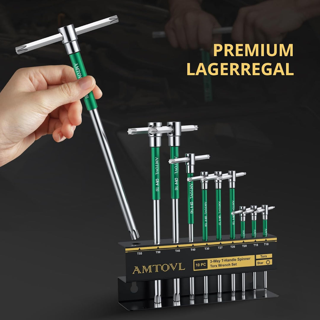 AMTOVL T-Griff-Sternschlüssel-Set, Torx, 10-teilig, T10-55, Schiebegriff, Chrom-Vanadium-Stahl, mit