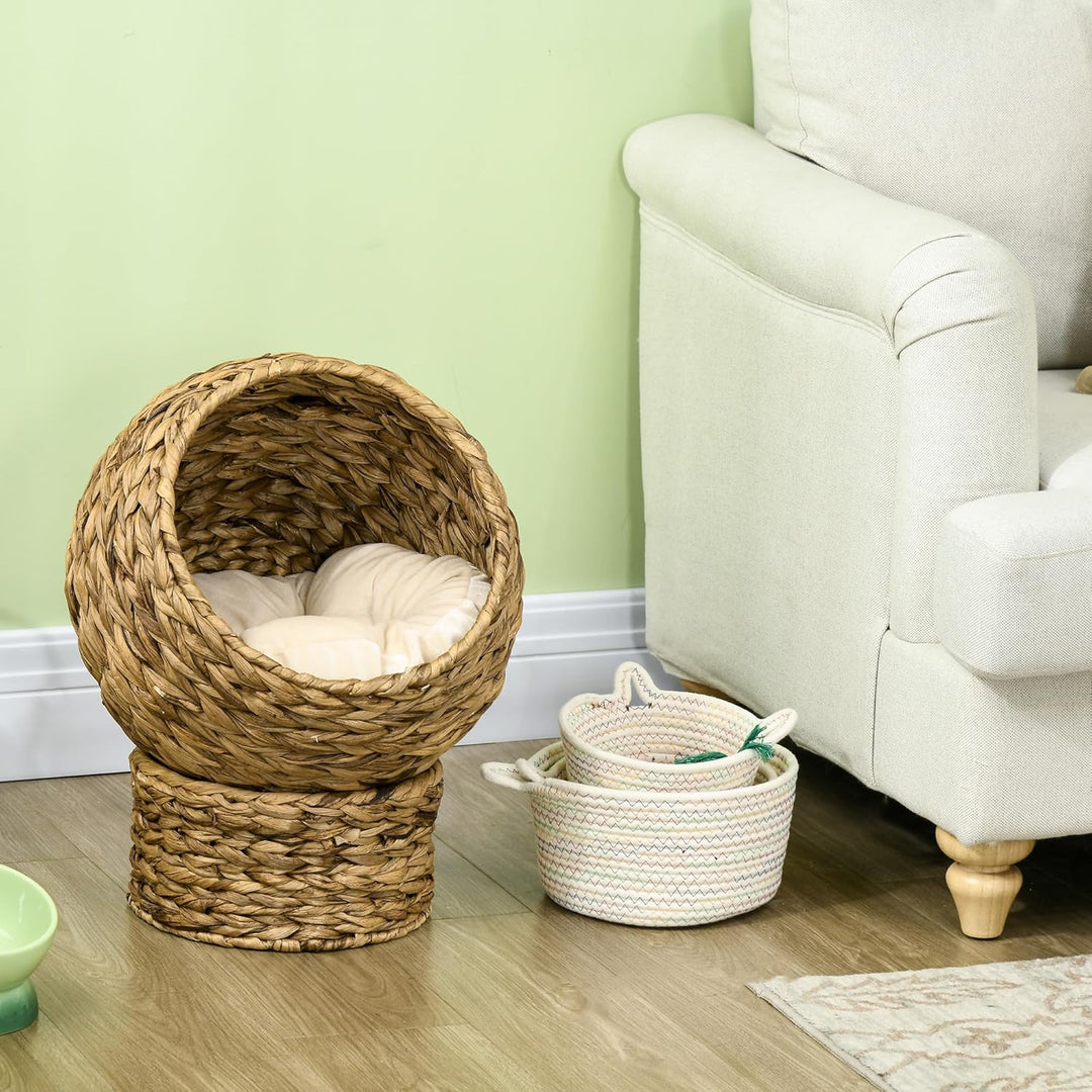 PawHut Rattan Katzenkorb Katzenhöhle Katzenhütte Katzenbett mit Kissen Haustierbett Wasserhyazinthe
