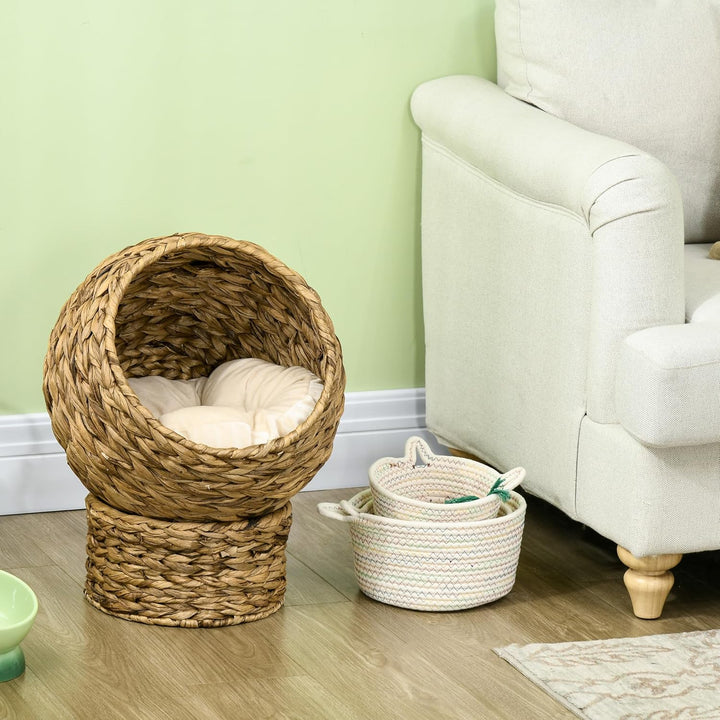 PawHut Rattan Katzenkorb Katzenhöhle Katzenhütte Katzenbett mit Kissen Haustierbett Wasserhyazinthe