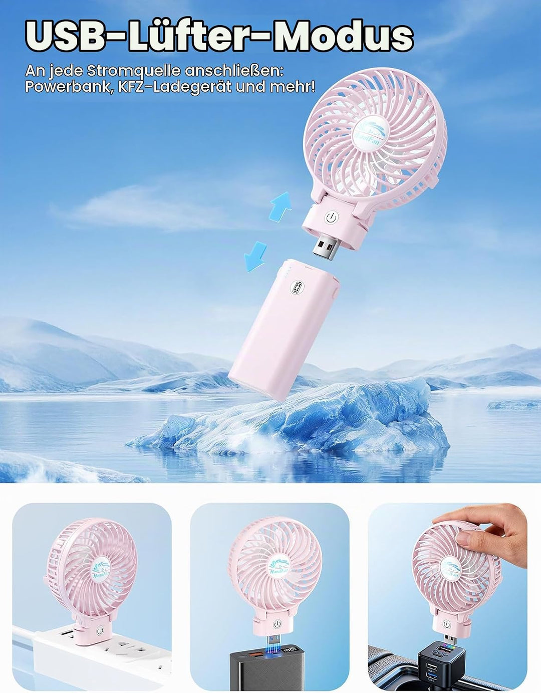 HandFan Handventilator mit 5200 mAh, wiederaufladbar, 20 Stunden Laufzeit, Handventilator, 3 Geschwi