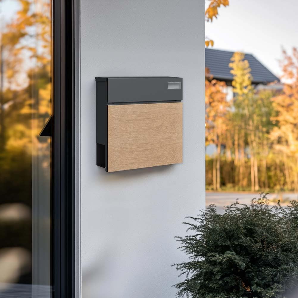 SCHARTEC Briefkasten SPB-6 Holz Design hell & anthrazit mit Zeitungsfach modern & gross Wandbriefkas
