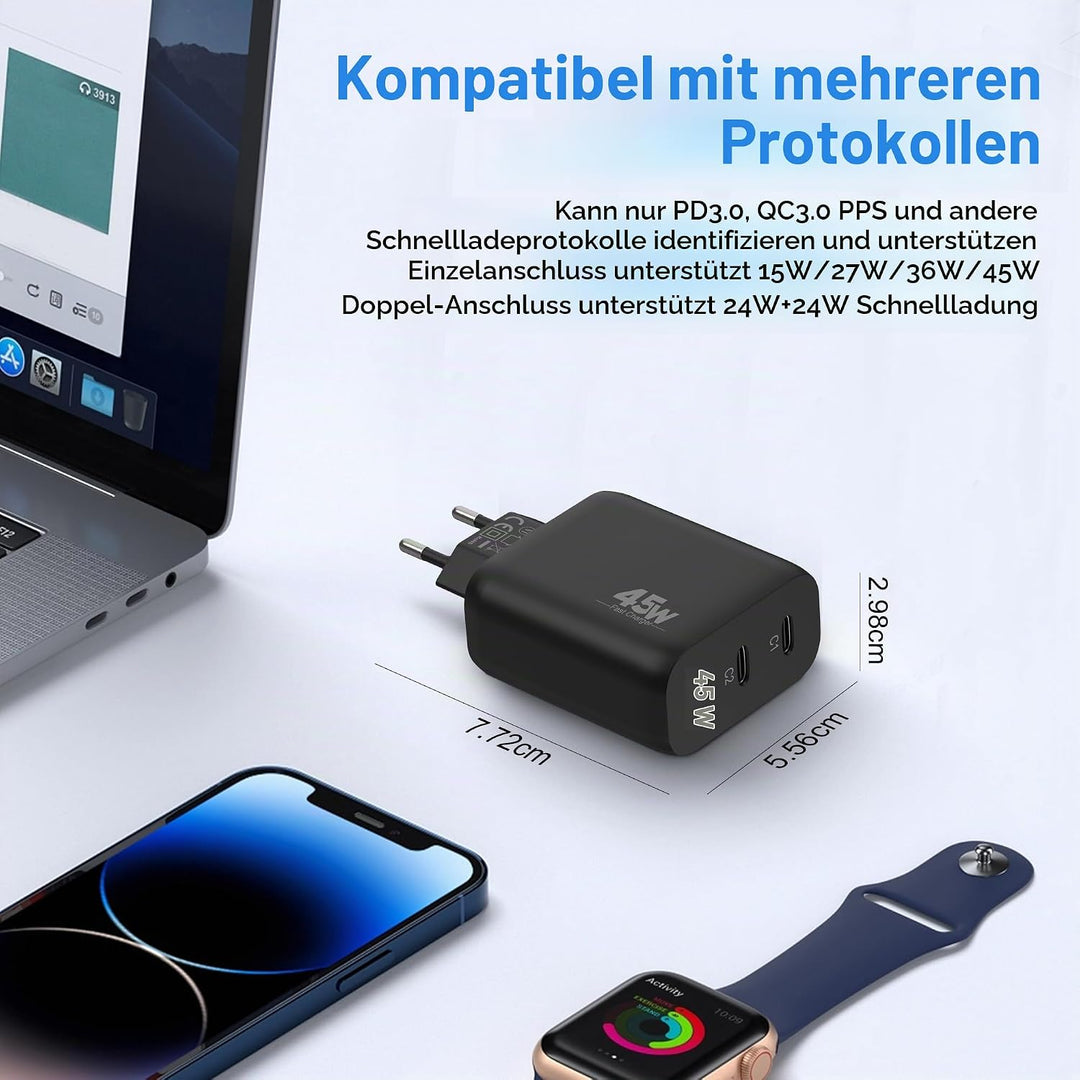 45W 2-Port USB C Ladegerät Mit Schnellladekabel für Samsung Galaxy S26 S25 S24 S23 Ultra Edge FE 5G