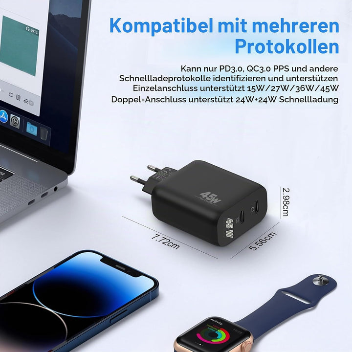 45W 2-Port USB C Ladegerät Mit Schnellladekabel für Samsung Galaxy S26 S25 S24 S23 Ultra Edge FE 5G