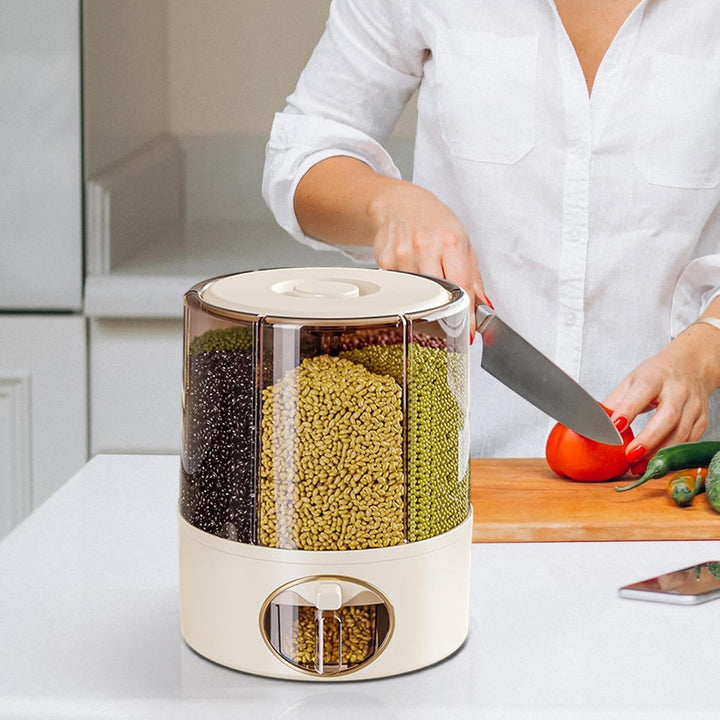 6-Grid Rotating Food Dispenser for Kitchen | -Click Rice Storage Container with Rotating Design | Mu