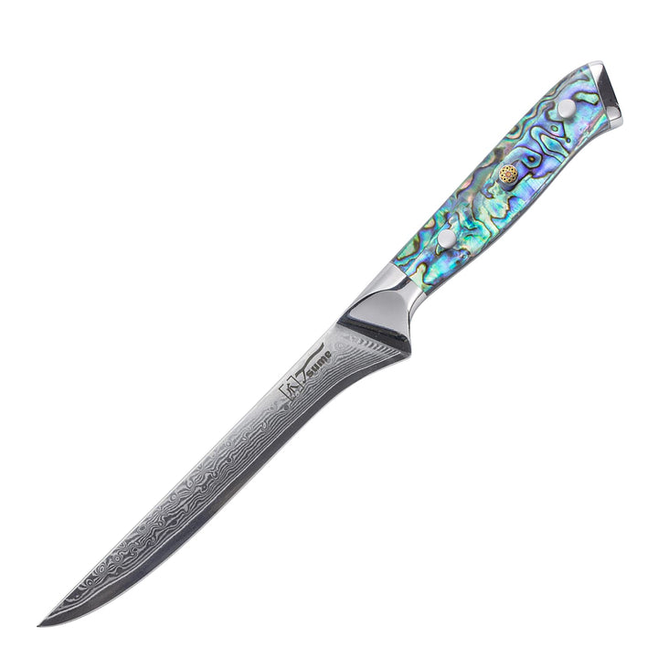 Tsume Filetiermesser Abalone, Klingenlänge 15cm, Echtes Damast Küchenmesser mit Perlmuttplatten, 67