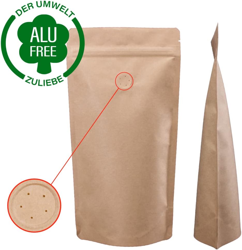 Lacers Standbodenbeutel Kraftpapier in versch. Farben, High Barrier mit Ventil, Klimaneutral, Nachha