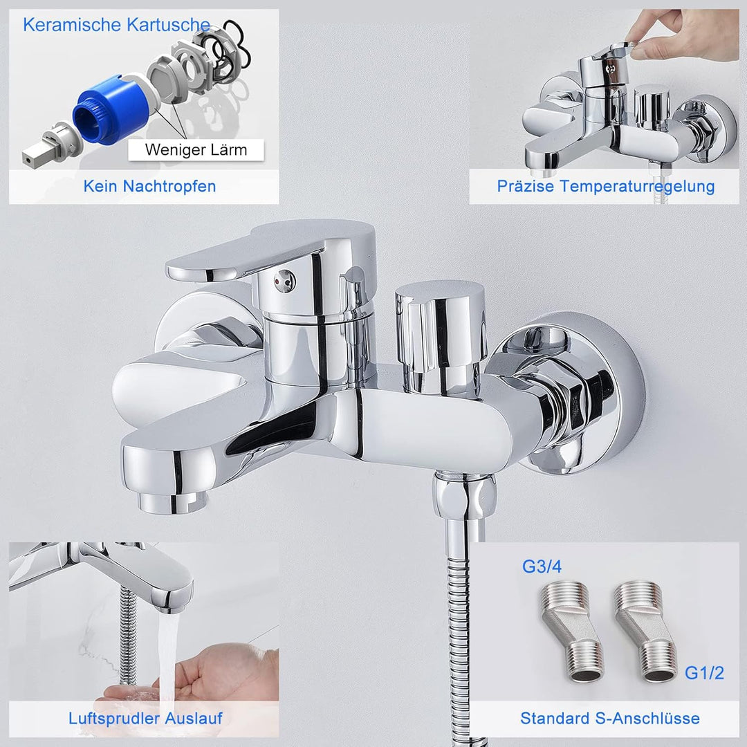 ROVOGO Badewannenarmatur mit 3-Funktionen Handbrause, Einhebel Wannenarmatur, Aufgerüstet Messing Dr
