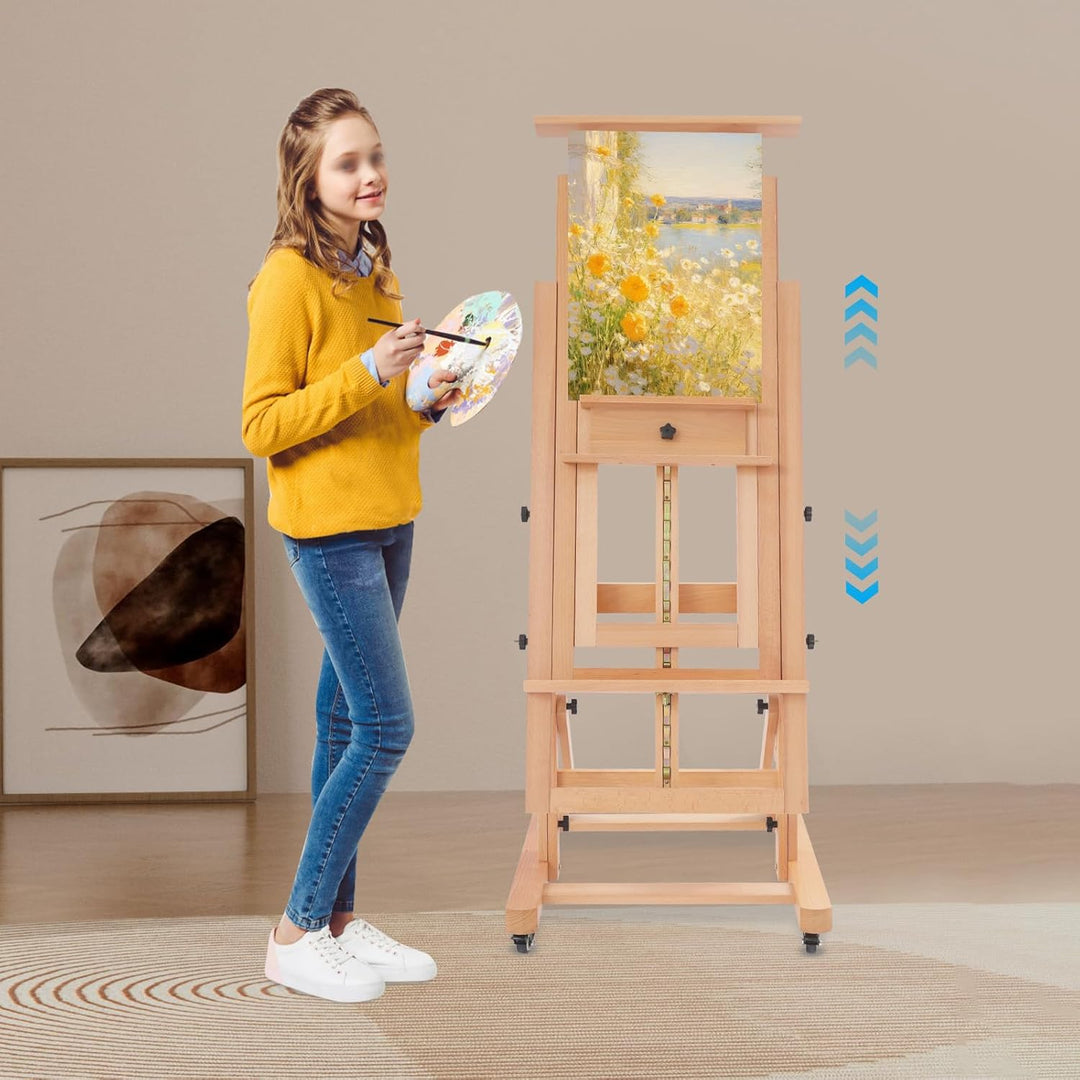 Profi Holz Staffelei 140-300cm höhenverstellbar mit Rollen – Easel Stand für Malerei und Zeichnen, A