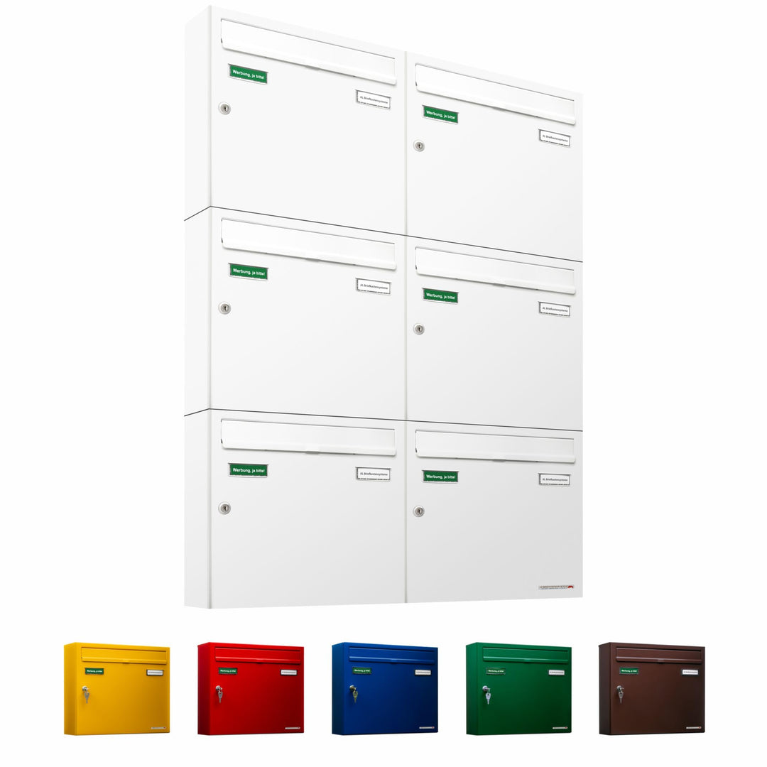 AL Briefkastensysteme Basic 6er Briefkasten RAL 9016 Verkehrs Weiss 6 Fach DIN A4 wetterfest Briefka