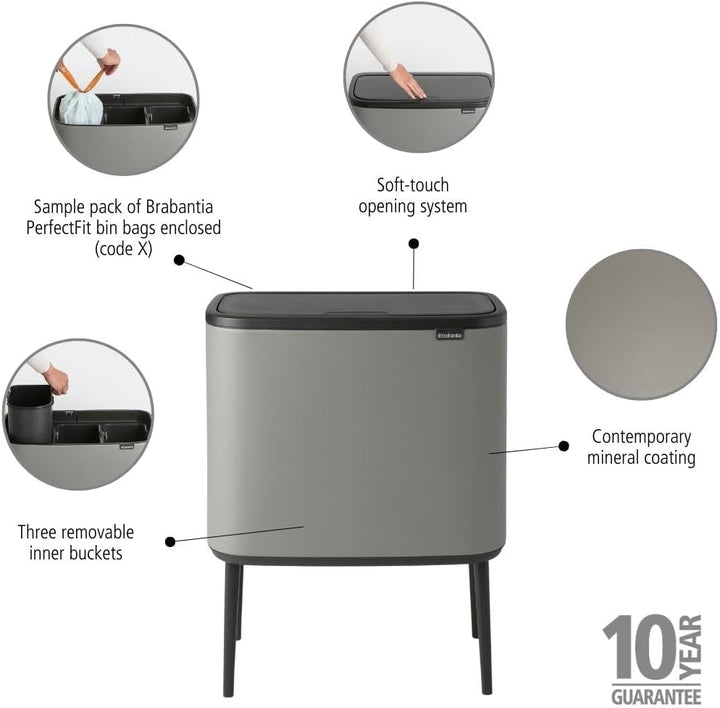 Brabantia 127229 Mülleimer Bo Touch Bin, 3 x 11L, Grauer mineralbeton 3 Inneneimer (3 x 11L) Mineral