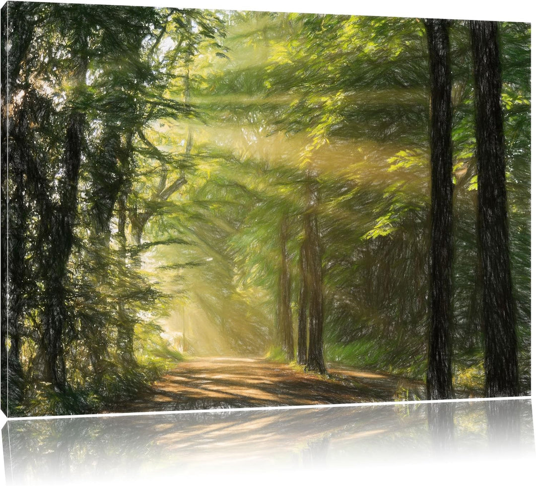 Pixxprint Waldweg im Frühling als Leinwandbild/Grösse: 100x70 / Wandbild/Kunstdruck/fertig bespannt,