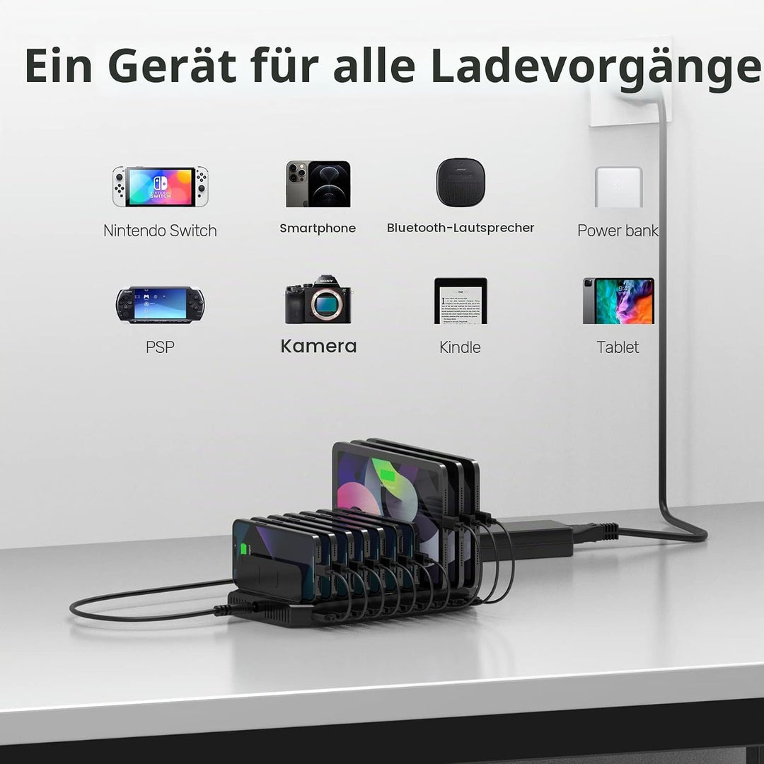 Unitek 60W USB Ladestation 10 Ports, Tablet Multi Ladestation mit QC3.0 und Einstellbaren Teiler für