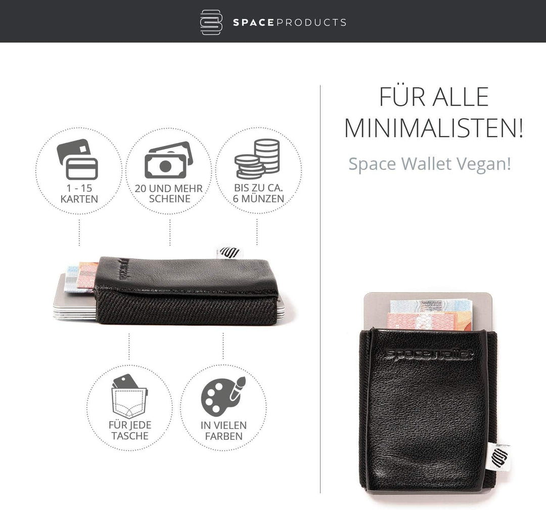 Space Products ® Vegane Mini Geldbörse aus Kunstleder I schwarz I sehr stabil I Platz für 15 Karten