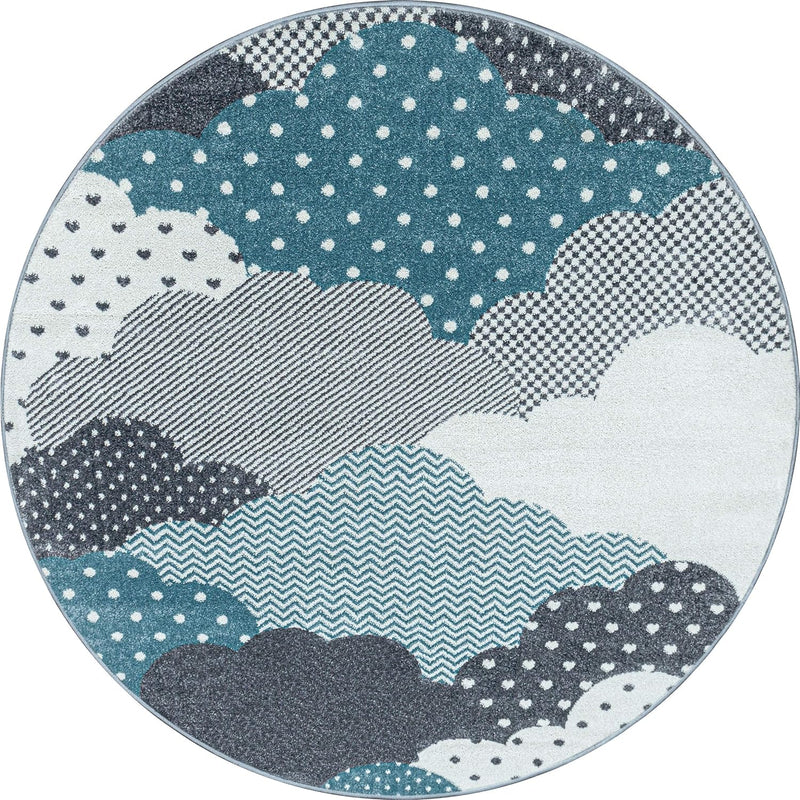 HomebyHome Kurzflor Kinderteppich für Jungen und Mädchen Wolke Design 120 cm Rund Blau - Waschbarer