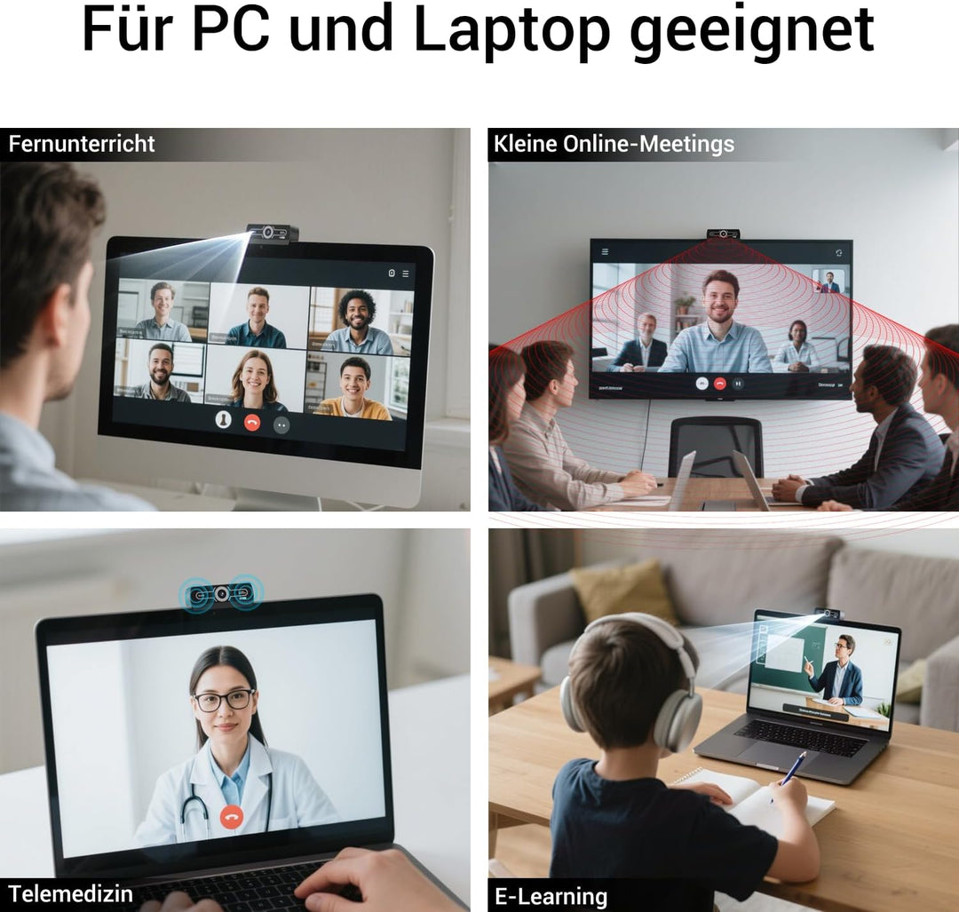 Webcam 2K, USB A Webcam mit Mikrofo, Kamera PC, Rauschunterdrückung Automatische Fixfokus für Live S
