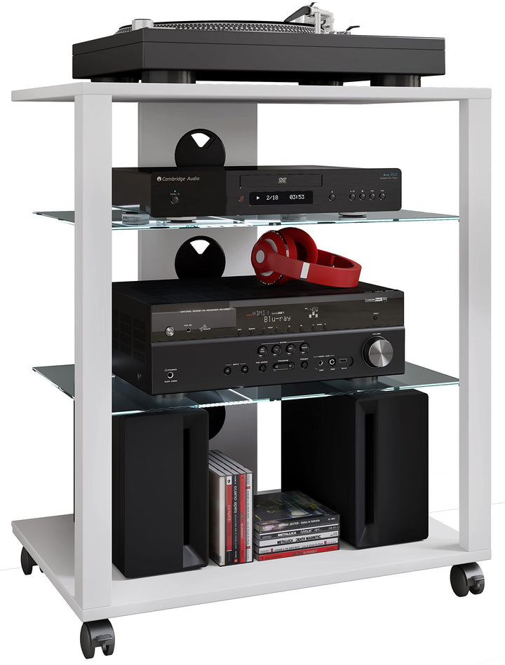 VCM HiFi Holz Möbel | Rack Schrank Phono Regal mit Rollen | 2 Glasböden | Masse: H. 70 x B. 60 x T.