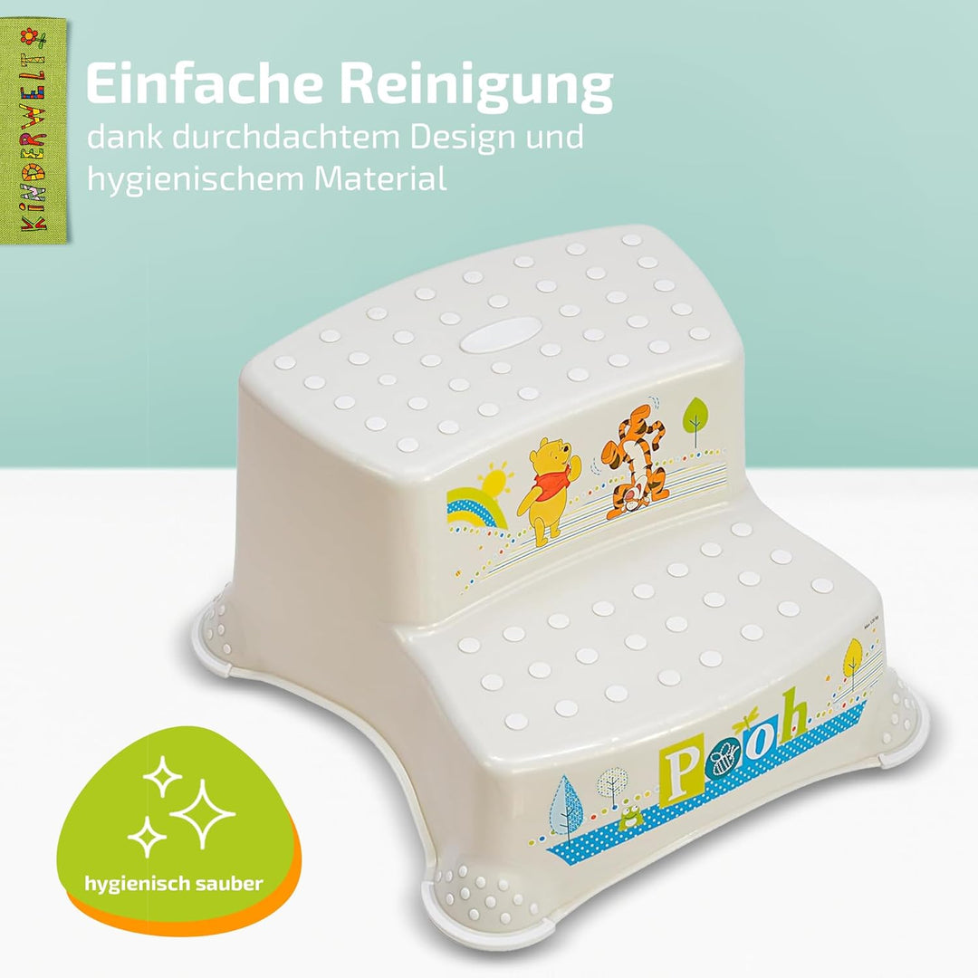 KiNDERWELT Premium zweistufiger Tritthocker für Kinder und Babys, Winnie Puuh Design in Weiss, Tritt
