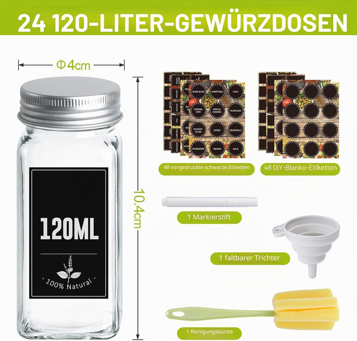 Ferghana Gewürzgläser Eckig Set，24x120ml Gewürzdosen Set，Spice Jars mit Streueinsatz，Etiketten，Reini