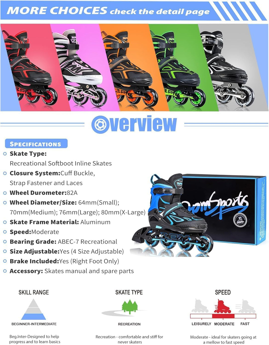 2PM SPORTS Verstellbar Inliner für Kinder, Leucht Inline Skates Rollschuhe für Damen/Herren Blau Sma