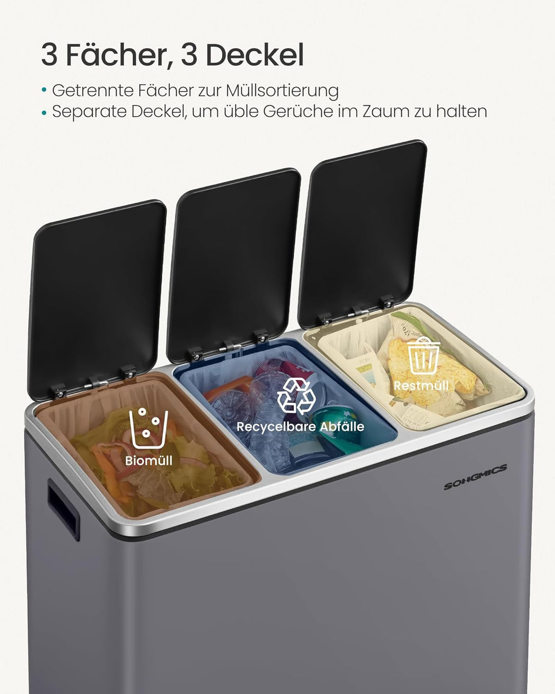 SONGMICS Mülleimer Küche, 3 x 18 L, Mülltrennsystem 3 Fächer, inklusive 15 Müllbeutel, Abfalleimer,