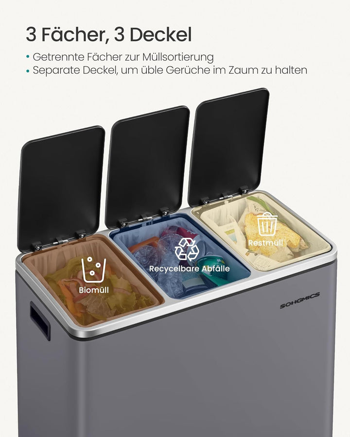 SONGMICS Mülleimer Küche, 3 x 18 L, Mülltrennsystem 3 Fächer, inklusive 15 Müllbeutel, Abfalleimer,