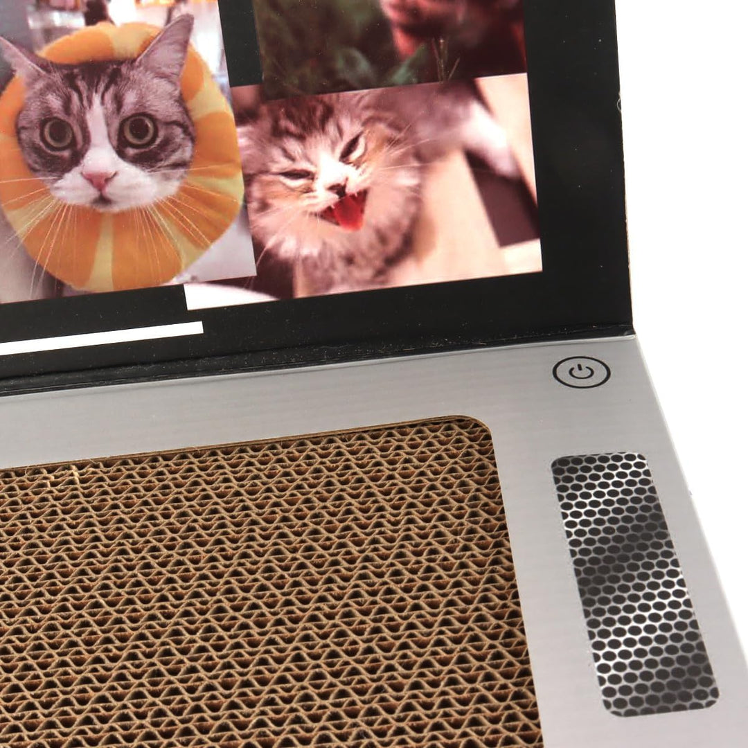Laptopförmiges Katzenkratzkissen Mit Plüschmaus Aus Alter Zeit. Robuste Wellpappe. Faltbares, Platzs
