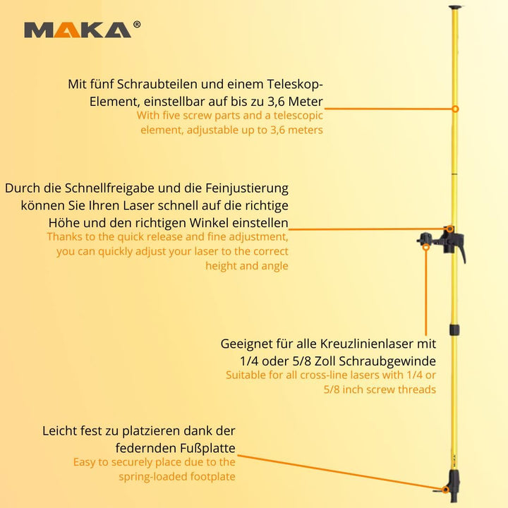 MAKA Teleskopstange - Einstellbar von 80-360 cm - 1/4 & 5/8 Zoll mit Schnellverschluss und Feineinst