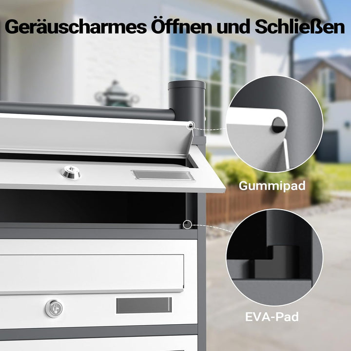 8er-Briefkastenanlage mit Standfuss, pulverbeschichtet in Anthrazit/Weiss, 2 Schlüssel je Postfach
