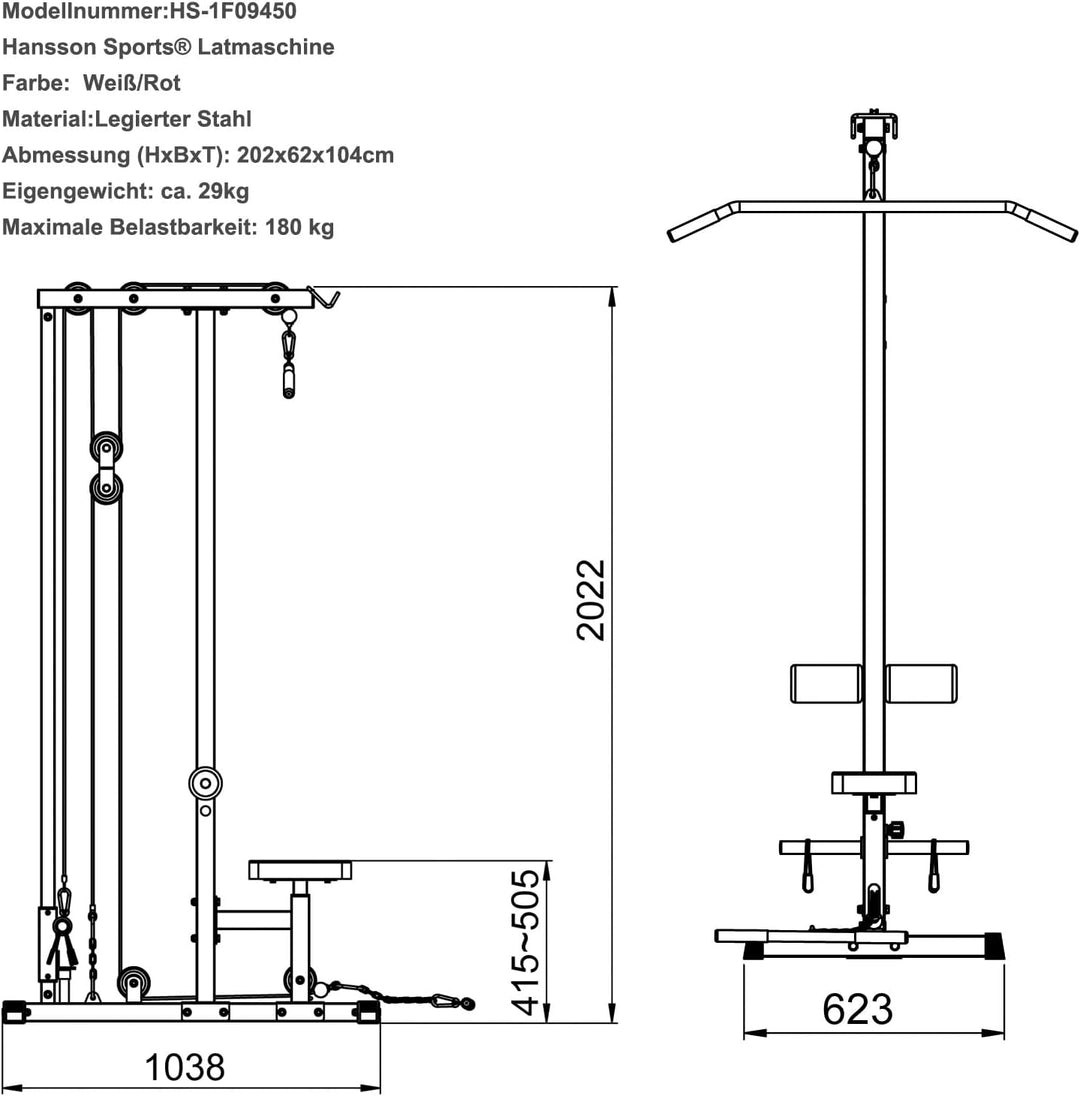 Hansson Sports® Latmaschine Latzugturm Latzugstation Seilzug mit Gewichten optinal B:Mit 47.5KG, B:M