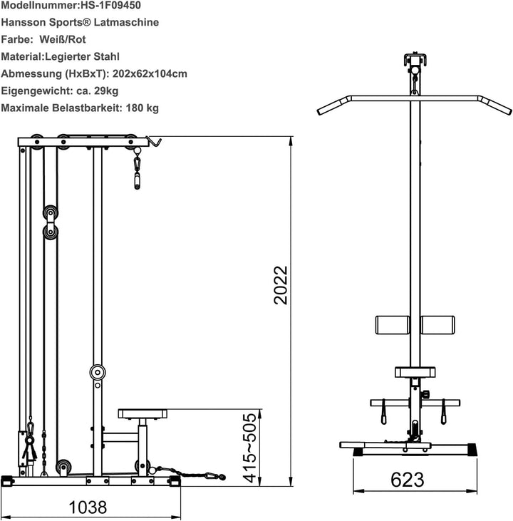 Hansson Sports® Latmaschine Latzugturm Latzugstation Seilzug mit Gewichten optinal B:Mit 47.5KG, B:M