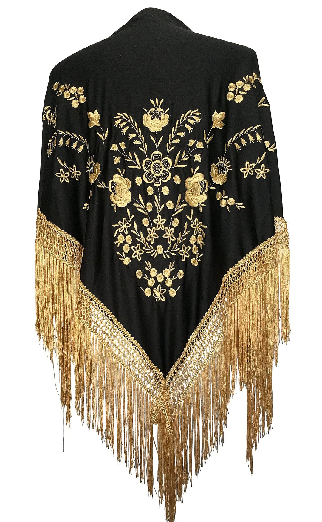 La Señorita Spanischer Manton/Tuch schwarz mit golden Blumen und Fransen gold Grösse L
