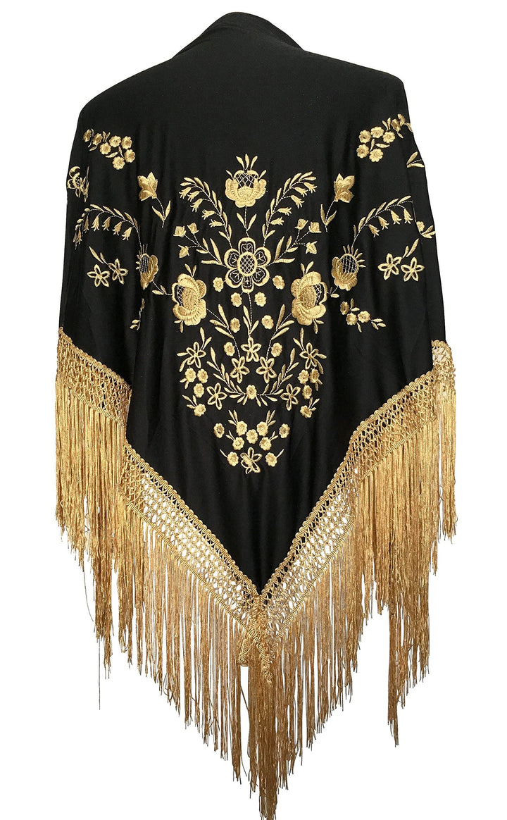 La Señorita Spanischer Manton/Tuch schwarz mit golden Blumen und Fransen gold Grösse L