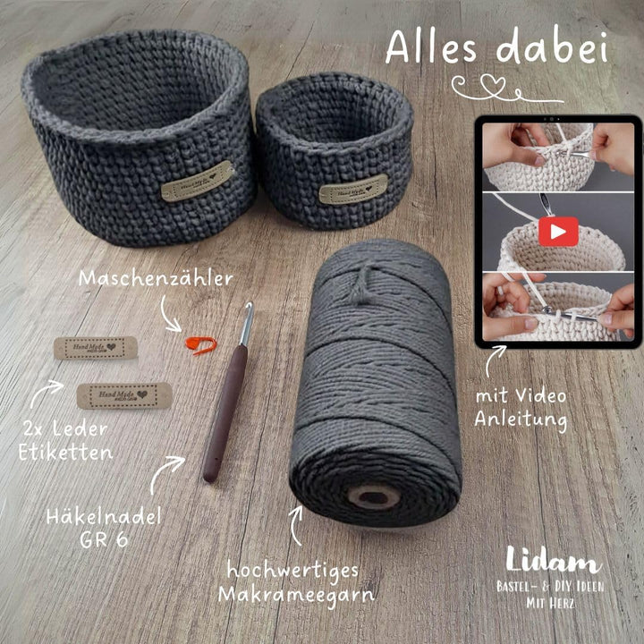 LIDAM 2 Körbe häkeln aus Baumwollgarn| Häkelset für Anfänger +Videoanleitung | Baumwollstrickschlauc