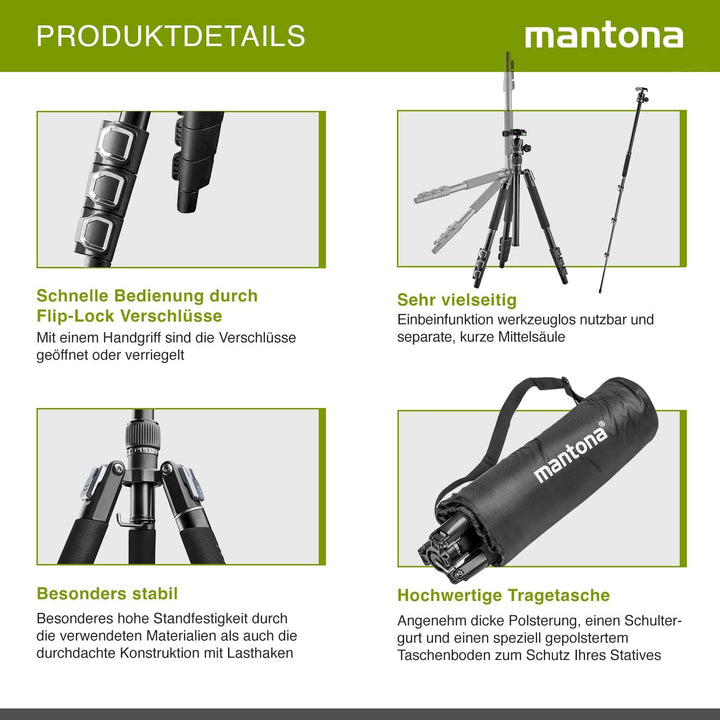 Mantona DSLM Travel Evolution 224 - leichtes Allround Reisestativ mit Vollausstattung, 360° Panorama