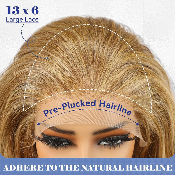 HAIRCUBE 13x6 HD Synthetische Lace-Front-Perücke, 24 Zoll blonde Highlights, lange lockige Stufenper