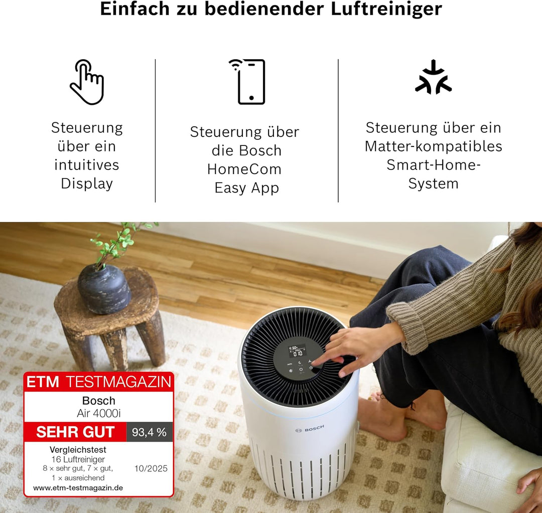 Bosch Air 4000i App-gesteuerter Luftreiniger - Für Räume bis zu 62,5 m² - Entfernt Schadstoffe - Mit