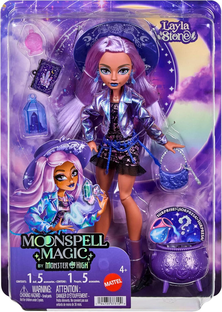 Monster High Puppe, Moonspell Magic Layla Stone | Kristallhexe in Metallic-Lila-Jacke mit Kessel-Übe
